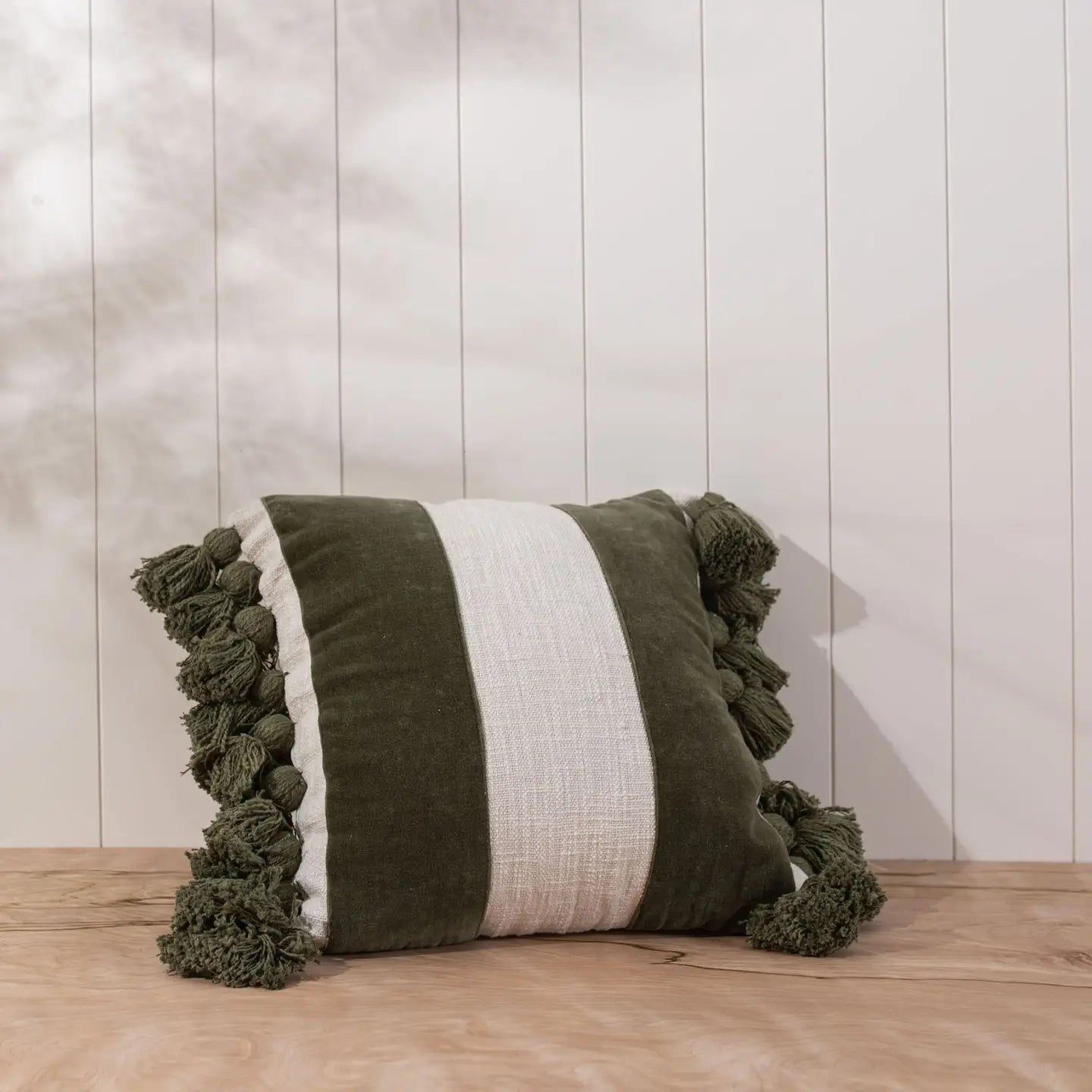 Green Stripe Pom Pom Pillow