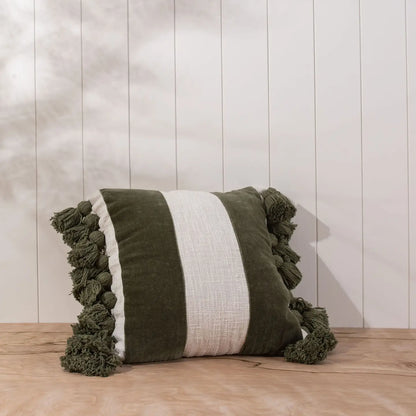 Green Stripe Pom Pom Pillow